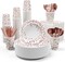 White and rose gold party supplies set, 350 pieces total, including white paper plates, napkins, cups, and gold plastic forks, knives, and spoons. Perfect for graduations, birthdays, cocktail parties, or any special event, offering a chic and elegant